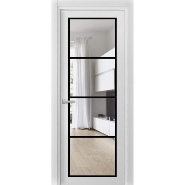 Solid French Door Clear Glass | Lucia 2466 White Silk | Single Regular Panel Frame Trims Handle | Bathroom Bedroom Sturdy Doors  -18" x 80"-Clear Glass-ButterflyBlack