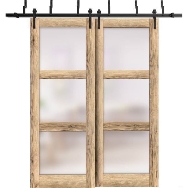 Sliding Closet Frosted Glass Barn Bypass Doors | Lucia 2552 Oak | Sturdy 6.6ft Rails Hardware Set | Wood Solid Bedroom Wardrobe Doors 