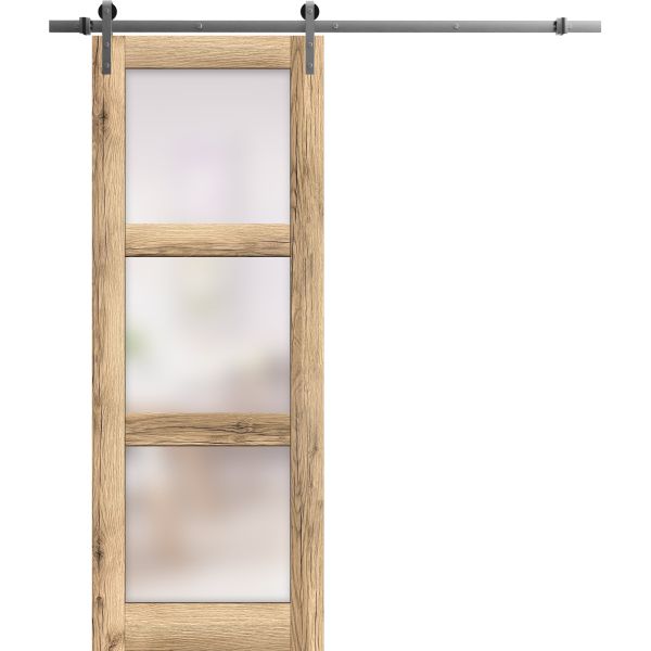 Sturdy Barn Door | Lucia 2552 Oak with Frosted Glass | 6.6FT Stainless Steel Rail Hangers Heavy Hardware Set | Solid Panel Interior Doors