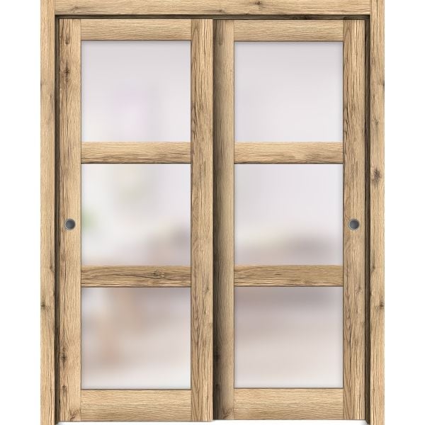 Sliding Closet Bypass Doors | Lucia 2552 Oak with Frosted Glass | Sturdy Rails Moldings Trims Hardware Set | Wood Solid Bedroom Wardrobe Doors 