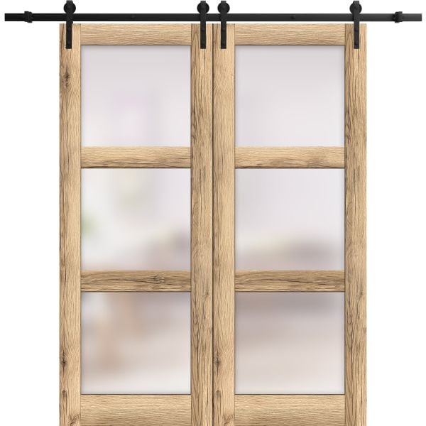 Sturdy Double Barn Door | Lucia 2552 Oak with Frosted Glass | 13FT Rail Hangers Heavy Set | Solid Panel Interior Doors