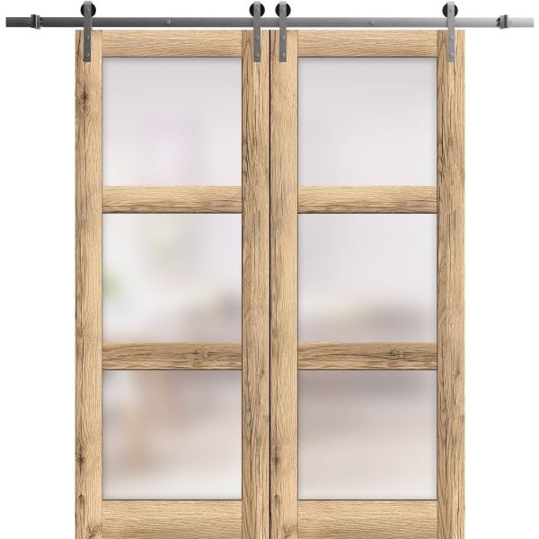 Sturdy Double Barn Door | Lucia 2552 Oak with Frosted Glass | Silver 13FT Rail Hangers Heavy Set | Solid Panel Interior Doors