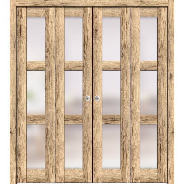 Sliding Closet Double Bi-fold Doors | Lucia 2552 Oak with Frosted Glass | Sturdy Tracks Moldings Trims Hardware Set | Wood Solid Bedroom Wardrobe Doors 
