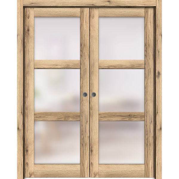 Sliding French Double Pocket Doors | Lucia 2552 Oak with Frosted Glass | Kit Trims Rail Hardware | Solid Wood Interior Bedroom Sturdy Doors