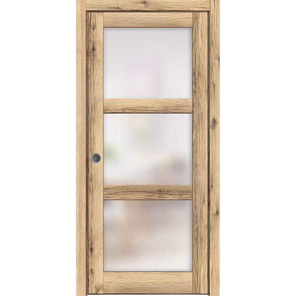 Sliding French Pocket Door with Frosted Glass | Lucia 2552 Oak  | Kit Trims Rail Hardware | Solid Wood Interior Bedroom Sturdy Doors-18" x 80"