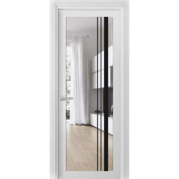 Solid French Door Clear Glass | Lucia 2566 White Silk | Single Regular Panel Frame Trims Handle | Bathroom Bedroom Sturdy Doors  -18" x 80"-Clear Glass-ButterflyBlack
