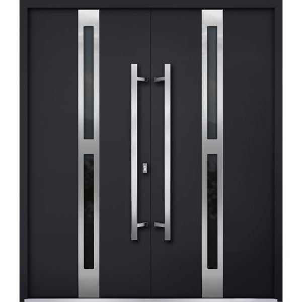 Front Exterior Prehung Steel Double Doors / Deux 1755 Black Enamel / Stainless Inserts Single Modern Painted