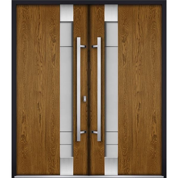 Front Exterior Prehung Steel Double Doors / Deux 1713 Natural Oak / Stainless Inserts Single Modern Painted-W72" x H80"