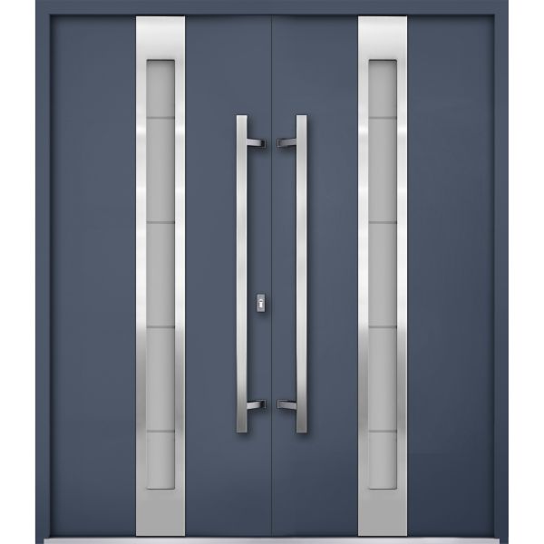 Front Exterior Prehung Steel Double Doors / Deux 1717 Gray Graphite / Stainless Inserts Single Modern Painted