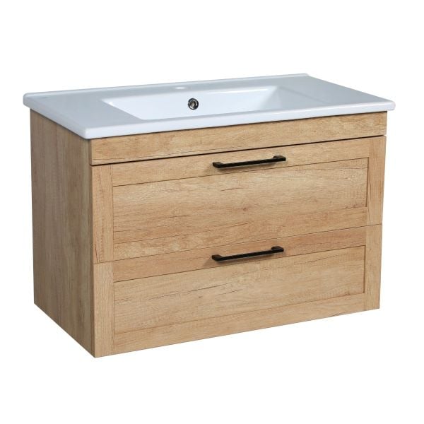 Modern Wall-Mount Bathroom Vanity with Washbasin | Palm Beach Teak Natural Collection | Non-Toxic Fire-Resistant MDF