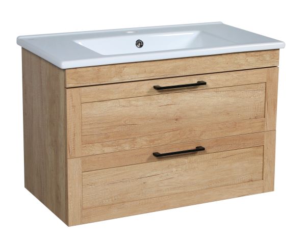 Modern Wall-Mounted Bathroom Vanity with Washbasin | Palm Beach Teak Natural Collection | Non-Toxic Fire-Resistant MDF-34"
