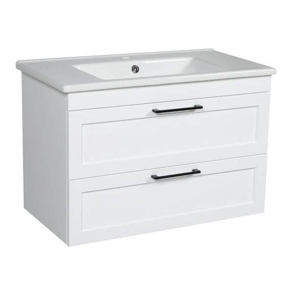 Modern Wall-Mount Bathroom Vanity with Washbasin | Palm Beach White High Gloss Collection | Non-Toxic Fire-Resistant MDF