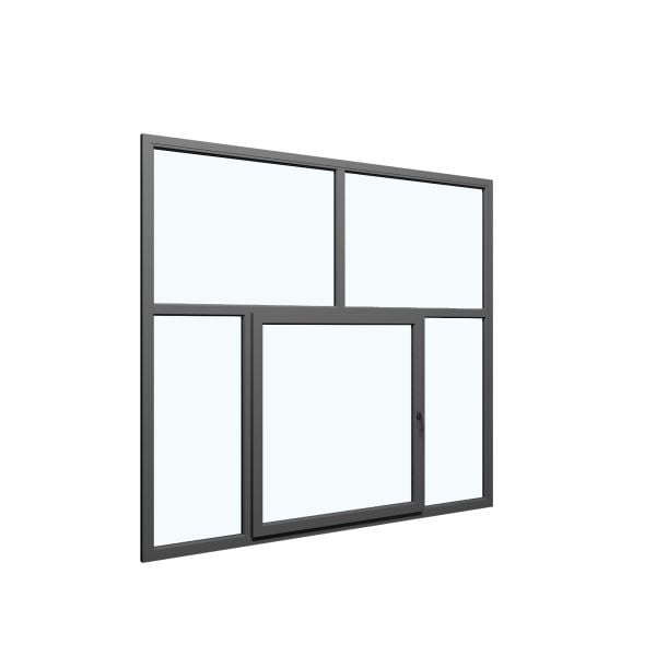 Five-Part Window Aluminum, Size 110x82, Center Section Operable, Antracite Color, Double Pane, Transpered Glass (View from inside)