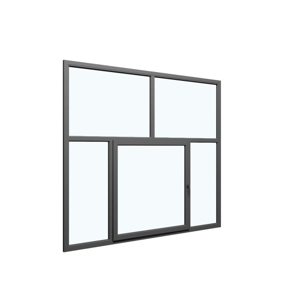 Five-Part Window PVC, Size 110x82, Center Section Operable, Antracite Color, Double Pane, Transpered Glass (View from inside)