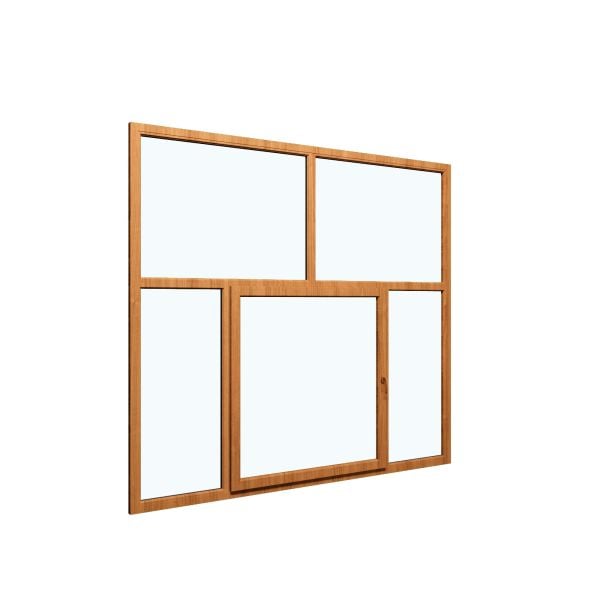 Five-Part Window Aluminum, Size 110x82, Center Section Operable, Golden Oak Color, Triple Pane, Transpered Glass (View from inside)