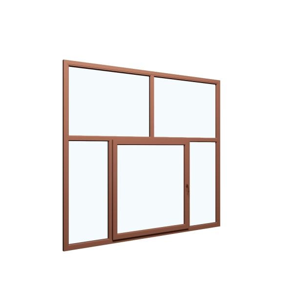 Five-Part Window Aluminum, Size 110x82, Center Section Operable, NUT Color, Black Frame Color, Double Pane, Transpered Glass (View from inside)