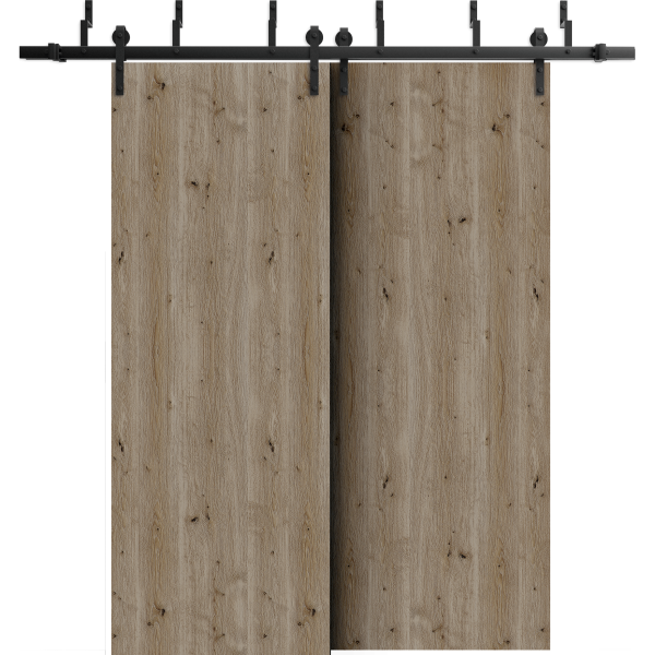 Sliding Closet Barn Bypass Doors 60 x 80 inches | BASIC 3001 Caramel Oak | Modern 6.6ft Rails Hardware Set | Wood Solid Bedroom Wardrobe Doors