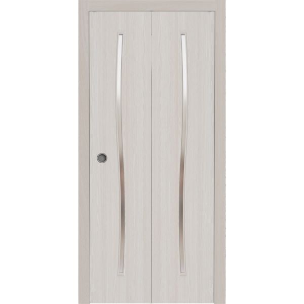 Sliding Closet Bi-fold Doors 36 x 80 inches | BASIC 3002 Ash | Sturdy Tracks Moldings Trims Hardware Set | Wood Solid Bedroom Wardrobe Doors