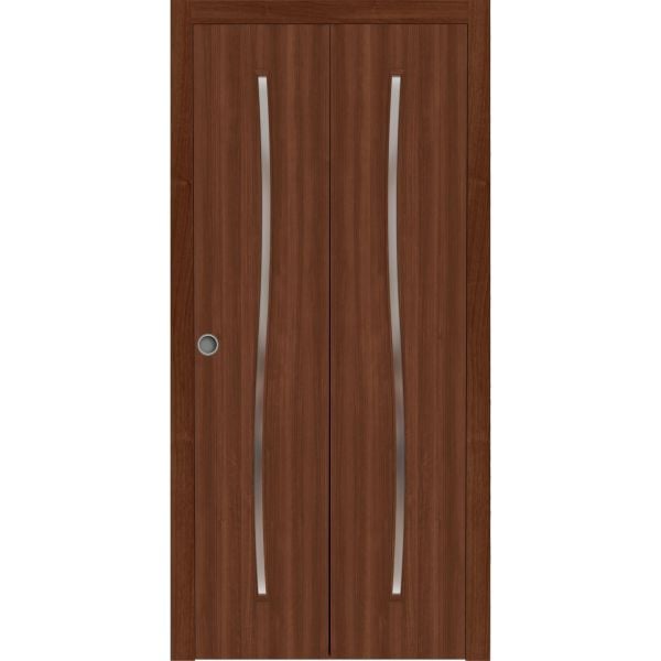 Sliding Closet Bi-fold Doors 36 x 80 inches | BASIC 3002 Walnut | Sturdy Tracks Moldings Trims Hardware Set | Wood Solid Bedroom Wardrobe Doors