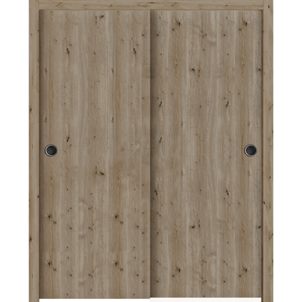 Sliding Closet Bypass Doors 56 x 80 inches | BASIC 3001 Caramel Oak | Rails Hardware Set | Wood Solid Bedroom Wardrobe Doors