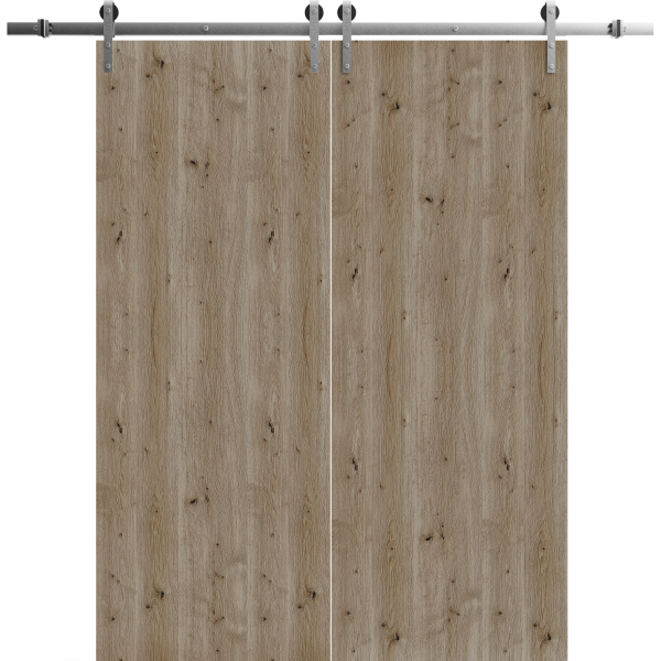 Modern Double Barn Door 56 x 84 inches | BASIC 3001 Caramel Oak | 13FT Silver Rail Track Set | Solid Panel Interior Doors
