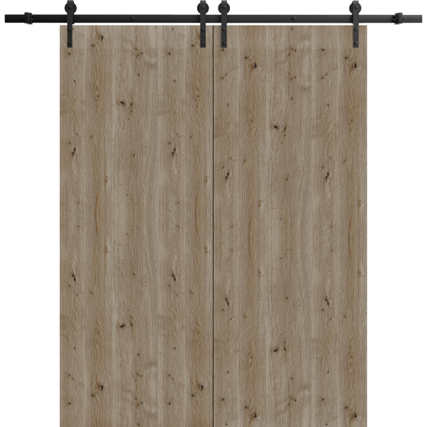 Modern Double Barn Door 36 x 80 inches | BASIC 3001 Caramel Oak | 13FT Rail Track Set | Solid Panel Interior Doors