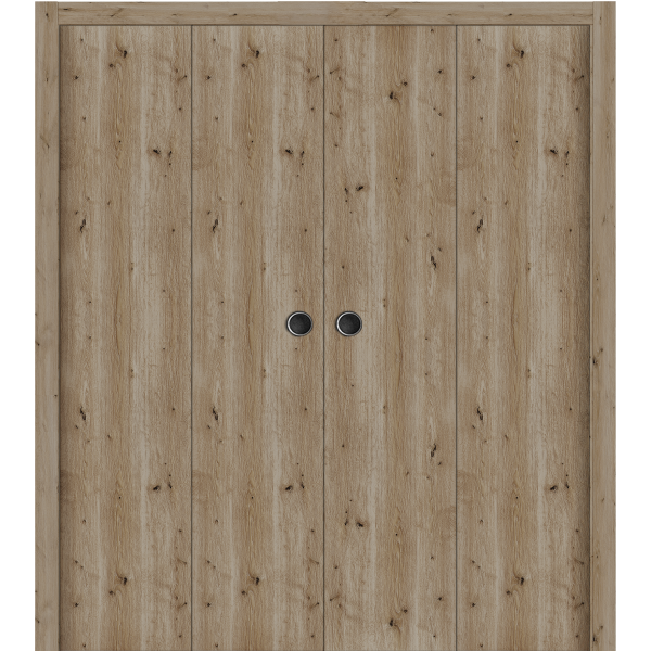 Sliding Closet Double Bi-fold Doors 72 x 80 inches | BASIC 3001 Caramel Oak | Sturdy Tracks Moldings Trims Hardware Set | Wood Solid Bedroom Wardrobe Doors