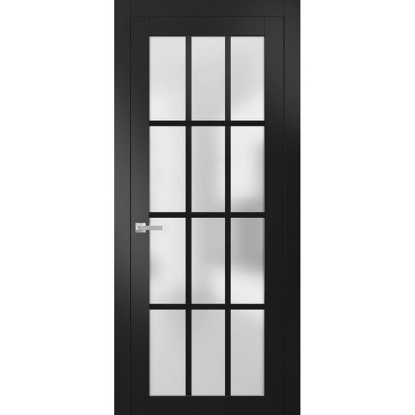 Solid French Door 12 Lites | Felicia 3312 Matte Black with Frosted Glass | Single Regural Panel Frame Trims Handle | Bathroom Bedroom Sturdy Doors 