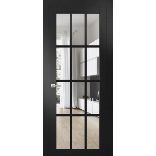 Solid Interior French | Felicia 3355 Matte Black with Clear Glass | Single Regular Panel Frame Trims Handle | Bathroom Bedroom Sturdy Doors 