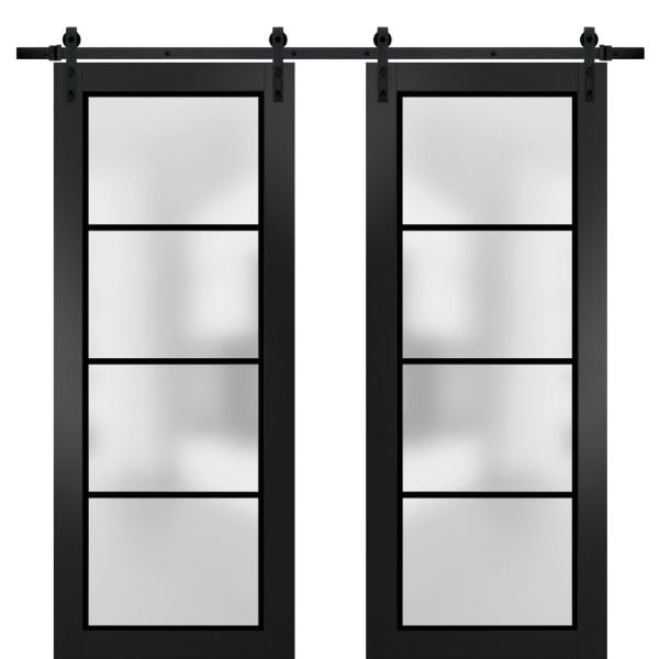 Sturdy Double Barn Door | Planum 2132 Matte Black with Frosted Glass | 13FT Rail Hangers Heavy Set | Modern Solid Panel Interior Doors