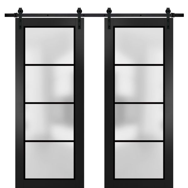 Sturdy Double Barn Door with Frosted Glass | Planum 2132 Matte Black | 13FT Rail Hangers Heavy Set | Modern Solid Panel Interior Doors -72" x 80" (2* 36x80)