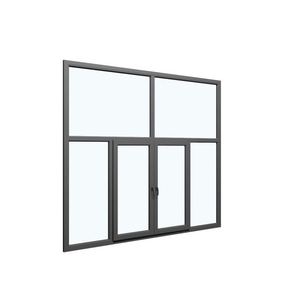 Six-Part Window Aluminum, Size 112 x 83, Two Center Sections Operable, Antracite Color, Double Pane, Sateen Glass (View from inside)