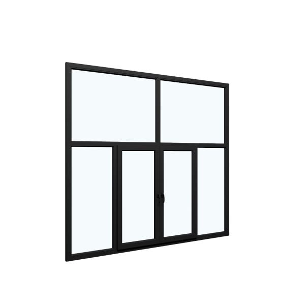 Six-Part Window Aluminum, Size 112 x 83, Two Center Sections Operable, Black Color, Double Pane, Sateen Glass (View from inside)