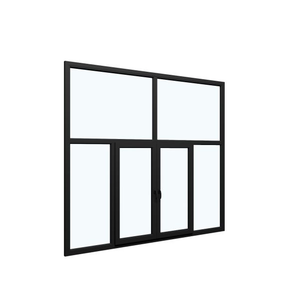 Six-Part Window PVC, Size 112x83, Two Center Sections Operable, Black Color, Triple Pane, Transpered Glass (View from inside)