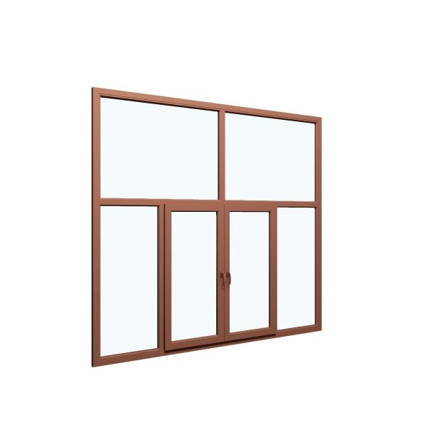 Six-Part Window Aluminum, Size 112 x 83, Two Center Sections Operable, NUT Color, Black Frame Color, Double Pane, Transpered Glass (View from inside)