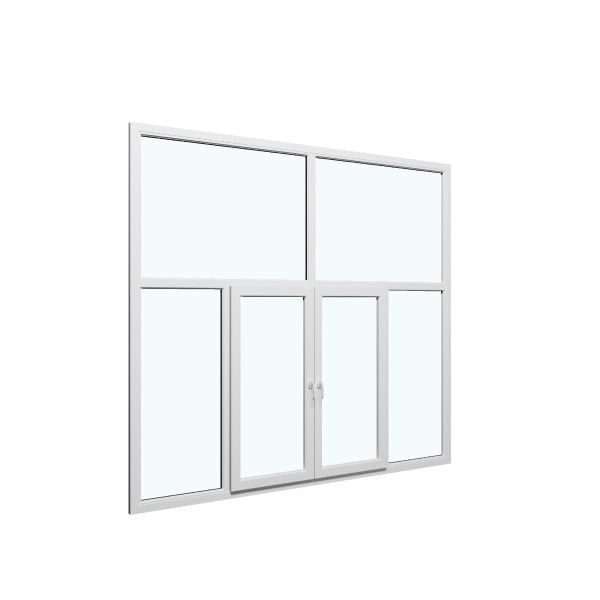 Six-Part Window Aluminum, Size 112 x 83, Two Center Sections Operable, White, Double Pane, Transpered Glass (View from inside)