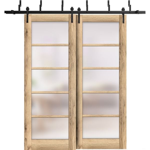 Sliding Closet Frosted Glass Barn Bypass Doors | Quadro 4002 Oak| Sturdy 6.6ft Rails Hardware Set | Wood Solid Bedroom Wardrobe Doors -36" x 80" (2* 18x80)