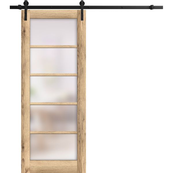 Sturdy Barn Door | Quadro 4002 Oak with Frosted Glass | 6.6FT Rail Hangers Heavy Hardware Set | Solid Panel Interior Doors