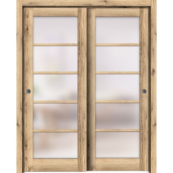 Sliding Closet Bypass Doors | Quadro 4002 Oak with Frosted Glass | Sturdy Rails Moldings Trims Hardware Set | Wood Solid Bedroom Wardrobe Doors 
