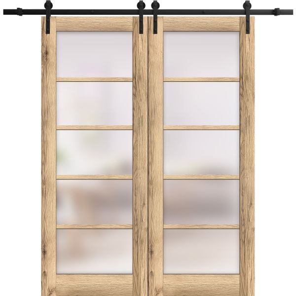 Sturdy Double Barn Door | Quadro 4002 Oak with Frosted Glass | 13FT Rail Hangers Heavy Set | Solid Panel Interior Doors
