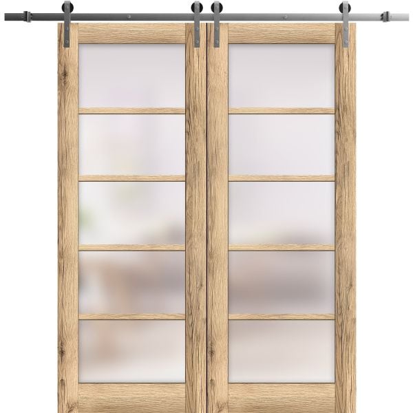 Sturdy Double Barn Door with Frosted Glass | Quadro 4002 Oak | Silver 13FT Rail Hangers Heavy Set | Solid Panel Interior Doors