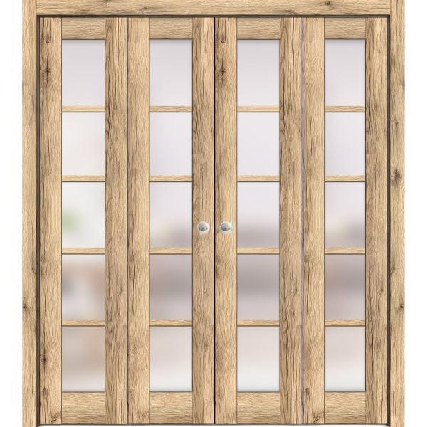 Sliding Closet Double Bi-fold Doors | Quadro 4002 Oak with Frosted Glass | Sturdy Tracks Moldings Trims Hardware Set | Wood Solid Bedroom Wardrobe Doors 