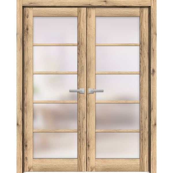 Solid French Double Doors Frosted Glass | Quadro 4002 Oak | Wood Solid Panel Frame Trims | Closet Bedroom Sturdy Doors 