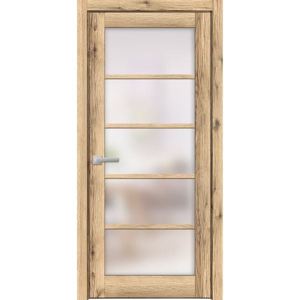 Solid French Door | Quadro 4002 Oak with Frosted Glass | Single Regular Panel Frame Trims Handle | Bathroom Bedroom Sturdy Doors 