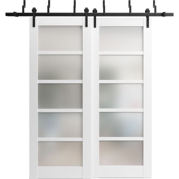 Sliding Closet Barn Bypass Doors | Quadro 4002 White Silk with Frosted Glass | Sturdy 6.6ft Rails Hardware Set | Wood Solid Bedroom Wardrobe Doors 