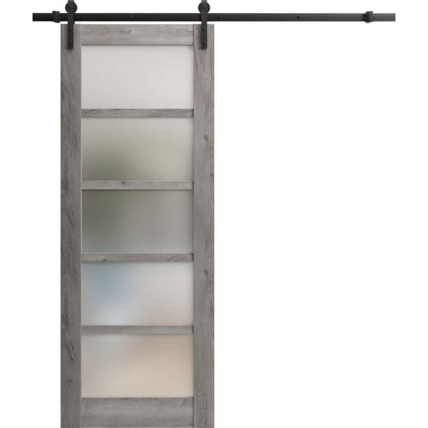 Sturdy Barn Door | Quadro 4002 Nebraska Grey with Frosted Glass | 6.6FT Rail Hangers Heavy Hardware Set | Solid Panel Interior Doors