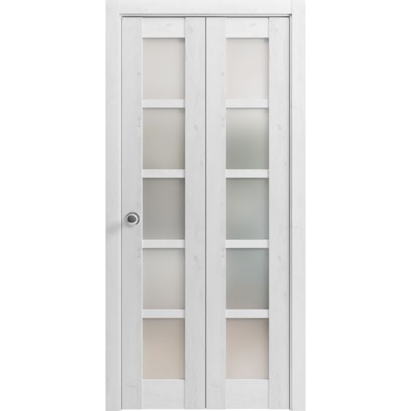 Sliding Closet Bi-fold Doors | Quadro 4002 Nordic White with Frosted Glass | Sturdy Tracks Moldings Trims Hardware Set | Wood Solid Bedroom Wardrobe Doors 