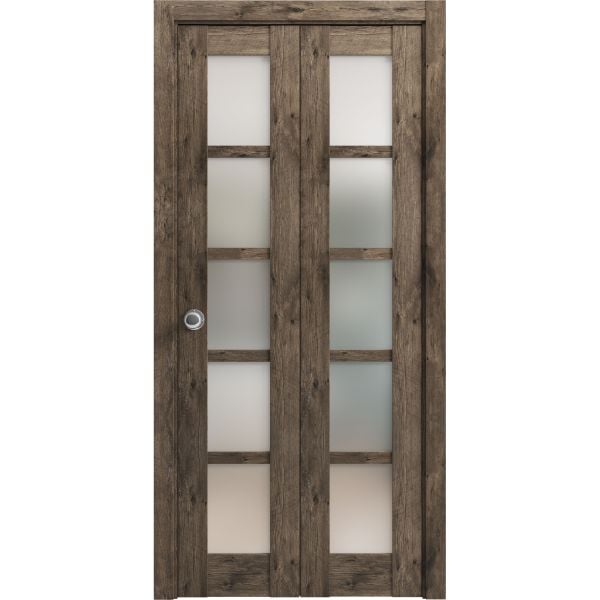 Sliding Closet Bi-fold Doors | Quadro 4002 Cognac Oak with Frosted Glass | Sturdy Tracks Moldings Trims Hardware Set | Wood Solid Bedroom Wardrobe Doors 