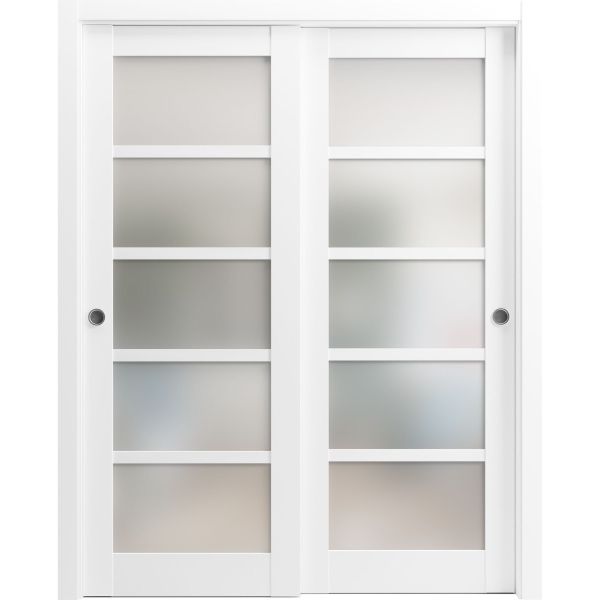 Sliding Closet Bypass Doors with hardware | Quadro 4002 White Silk with Frosted Opaque Glass | Sturdy Rails Moldings Trims Set | Kitchen Lite Wooden Solid Bedroom Wardrobe Doors -36" x 80" (2* 18x80)-Frosted Glass
