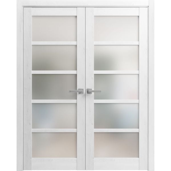 Solid French Double Doors | Quadro 4002 Nordic White with Frosted Glass | Wood Solid Panel Frame Trims | Closet Bedroom Sturdy Doors 